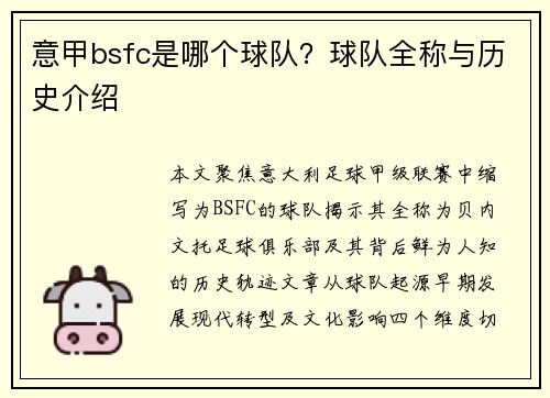意甲bsfc是哪个球队？球队全称与历史介绍