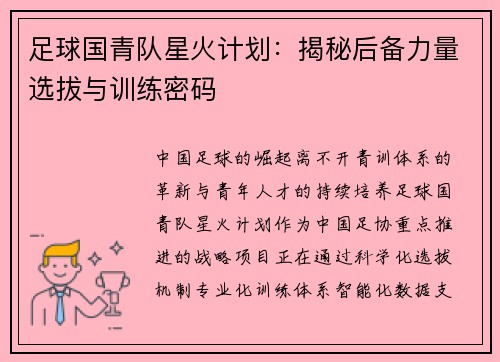足球国青队星火计划：揭秘后备力量选拔与训练密码