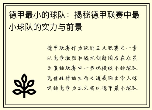 德甲最小的球队：揭秘德甲联赛中最小球队的实力与前景